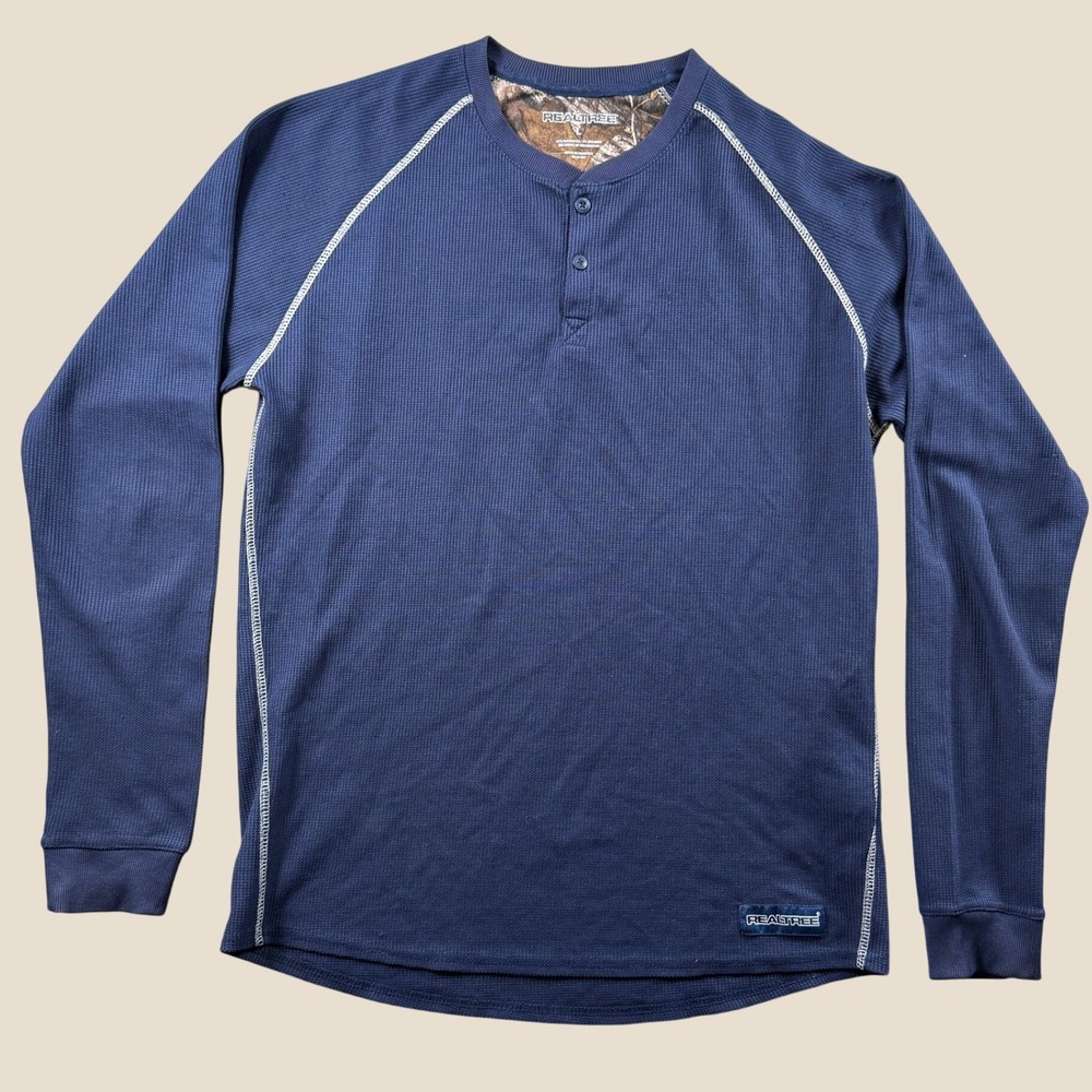 Realtree Henley Shirt Men L Navy Thermal Waffle Knit Camo Hunting Outdoor 660838